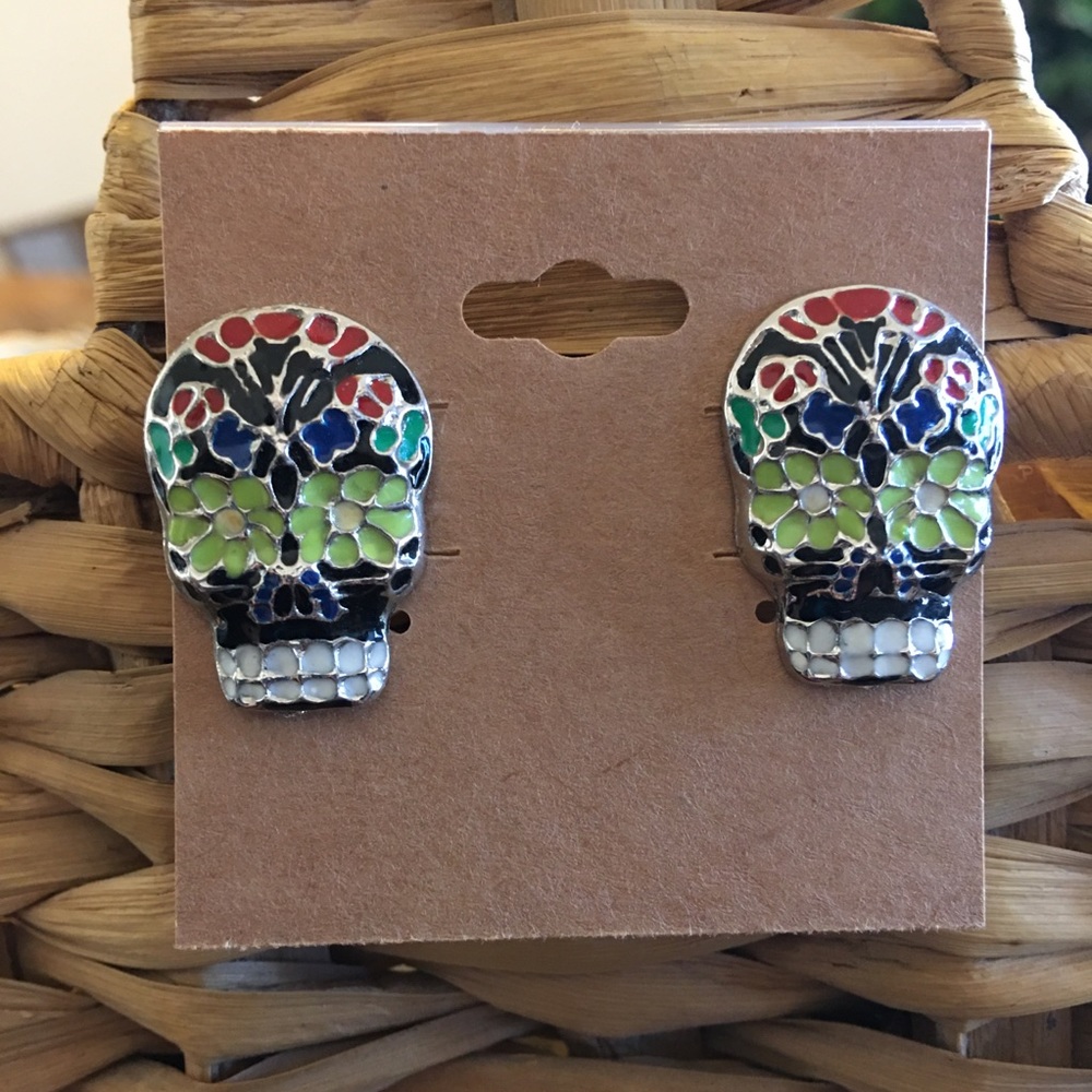 Colorful sugar skull enamel pierced earrings